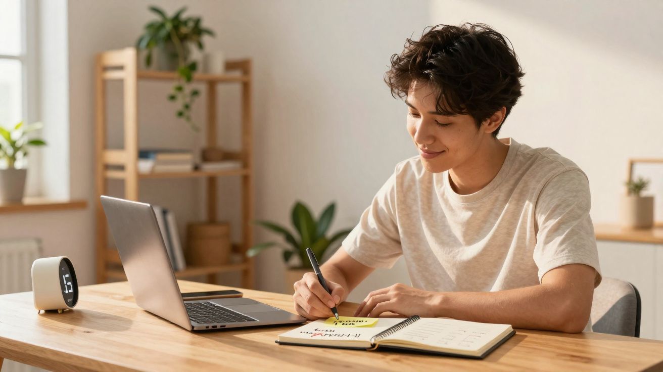 Pessoa jovem a trabalhar sentada numa mesa com computador portátil e a escrever num caderno, ambiente luminoso e organizado.