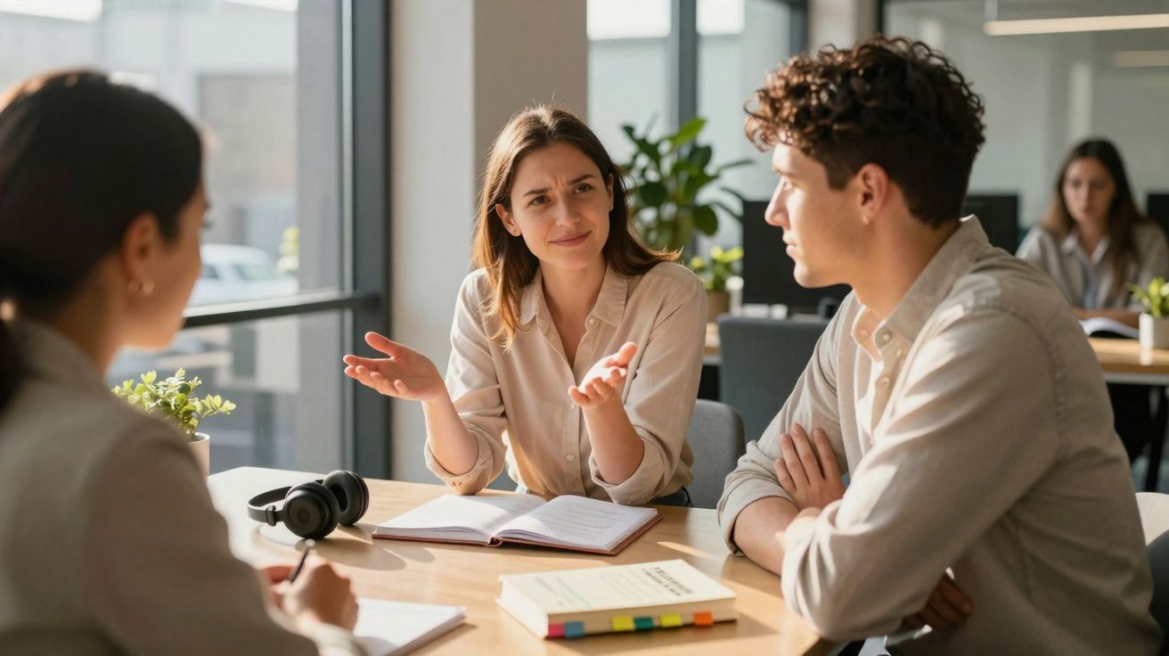 Três jovens sentados numa mesa de trabalho em escritório, com uma mulher a explicar algo aos outros.