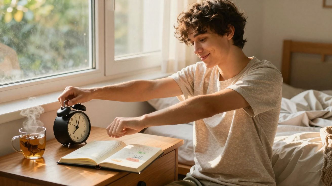 Jovem estica os braços ao acordar, sentado ao lado de uma mesa com despertador, livro e chá fumegante.