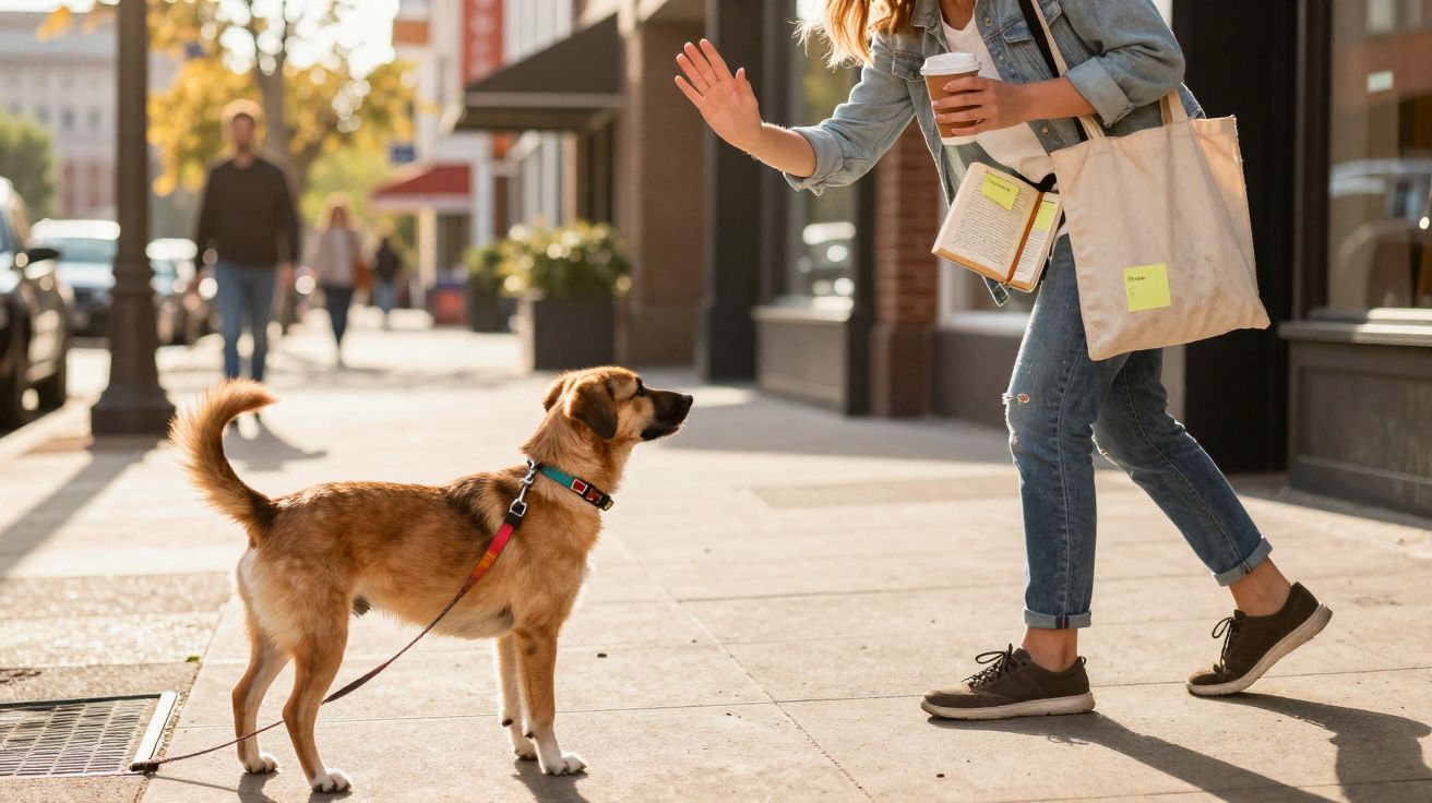 Mulher cumprimenta cão castanho com trela numa rua urbana em dia de sol.