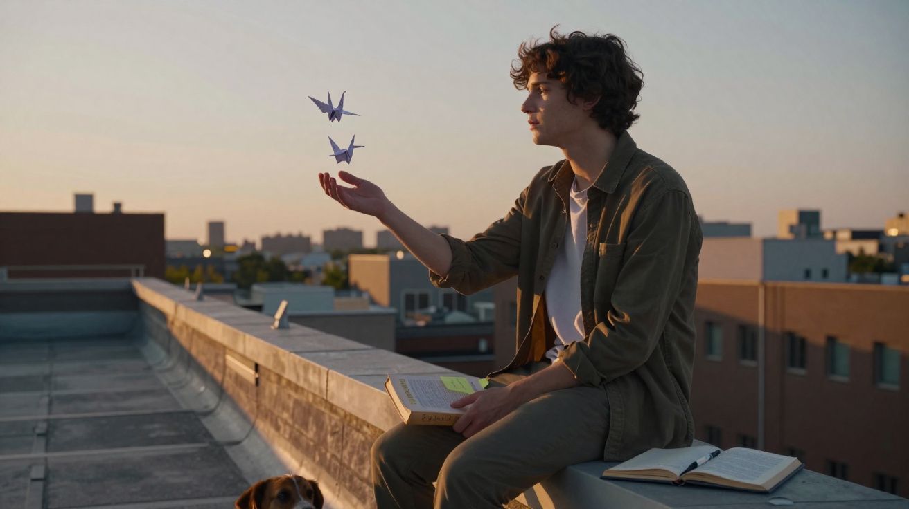 Jovem sentado num telhado ao pôr do sol, segurando um livro e papagaios de papel a flutuar da sua mão.
