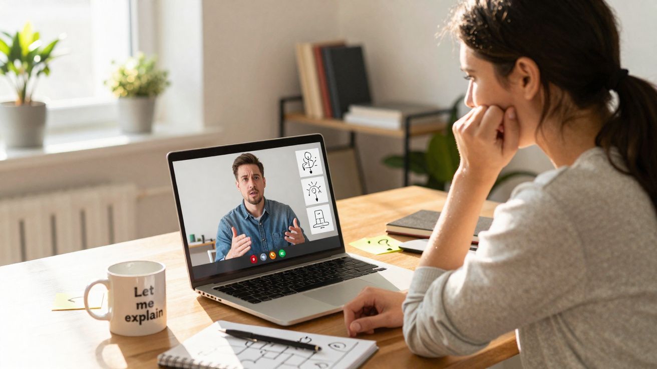 Mulher em videoconferência com homem no computador, sentada à mesa com caneca, caderno e plantas.