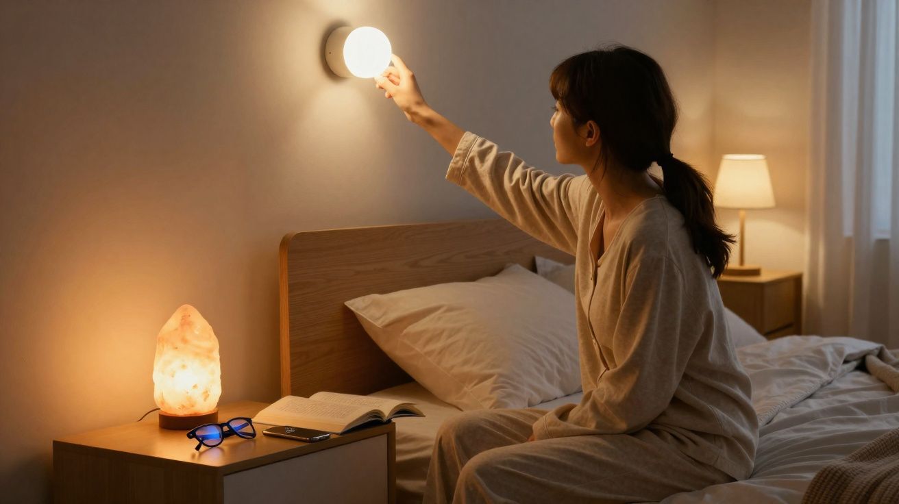 Mulher sentada na cama a acender luz de parede num quarto acolhedor com candeeiro de sal e abajur.