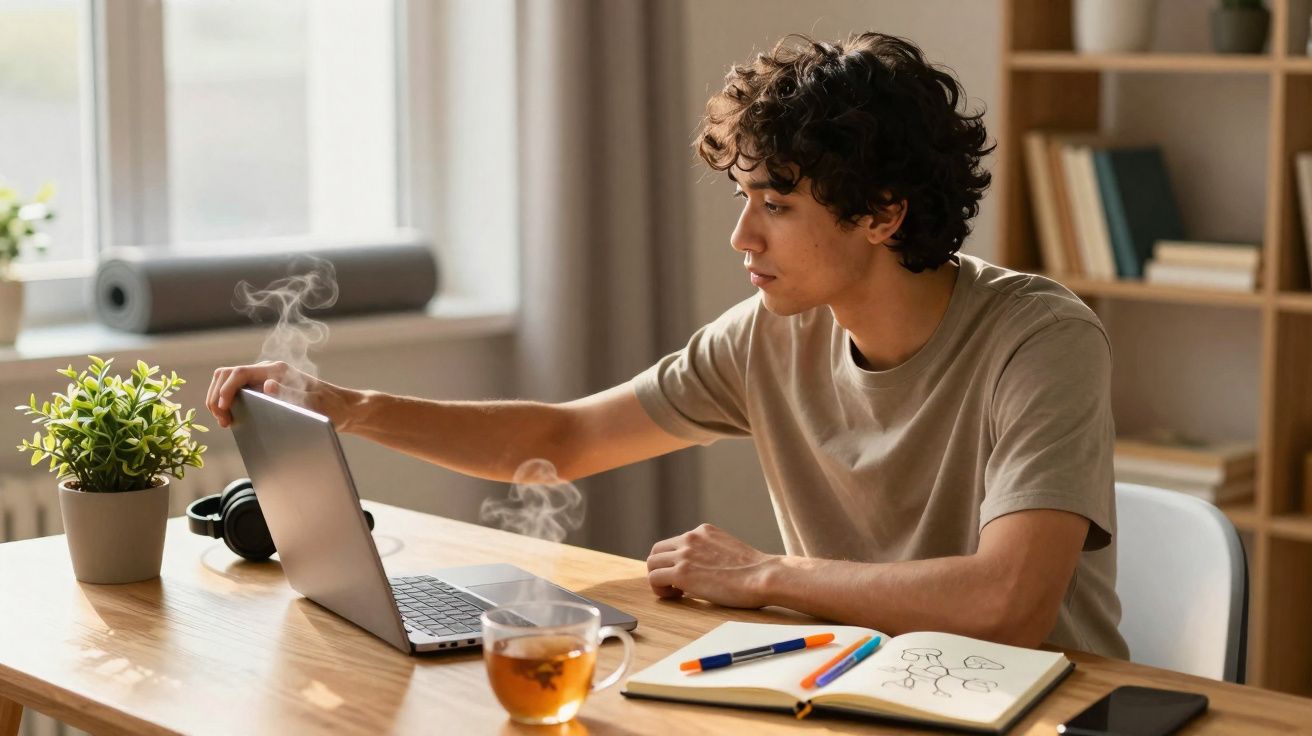 Jovem sentado a trabalhar num computador portátil com chá quente, caderno e canetas numa mesa de madeira.