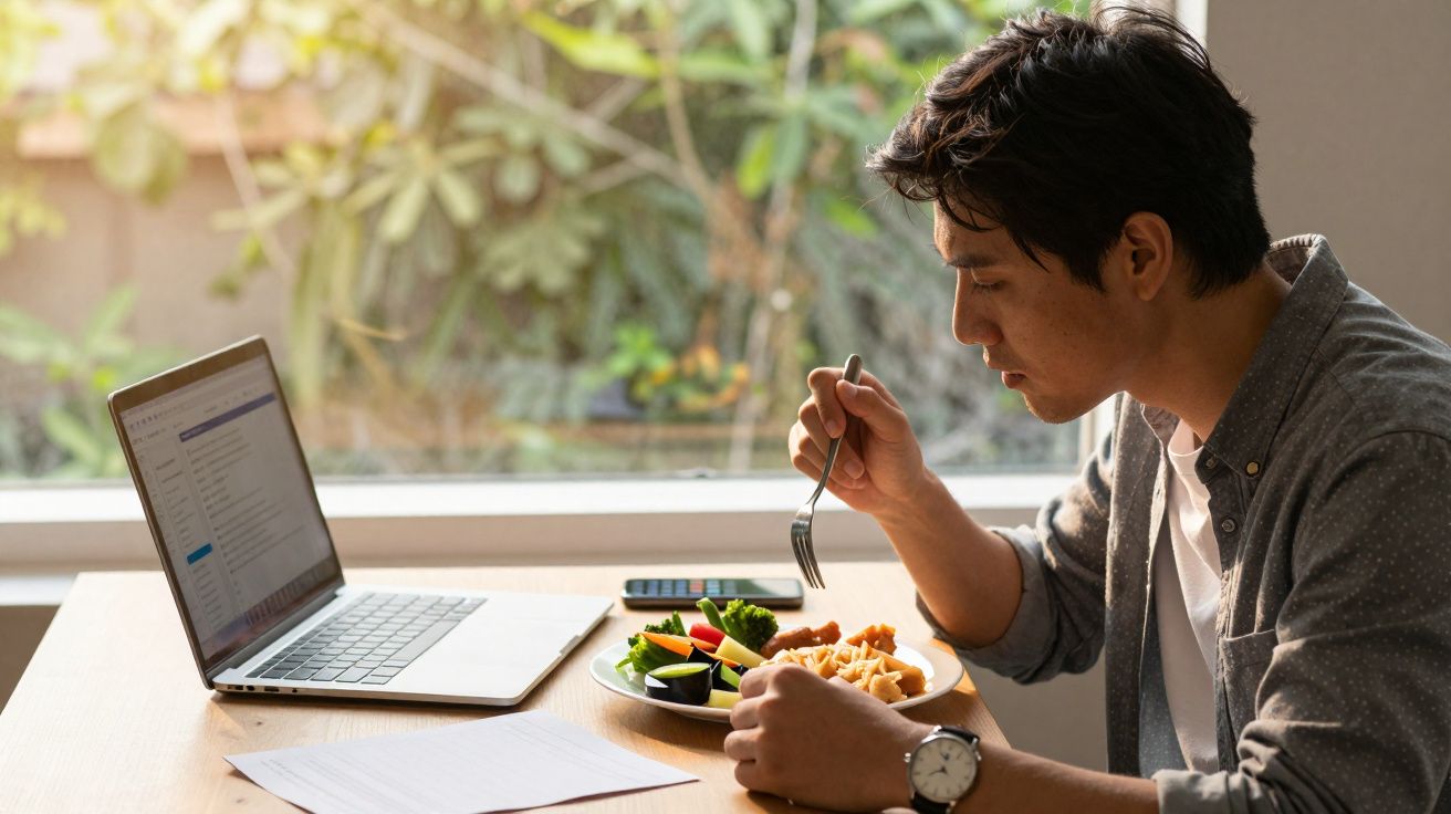 Homem sentado a comer e a trabalhar num computador portátil junto a uma janela com vista para plantas.