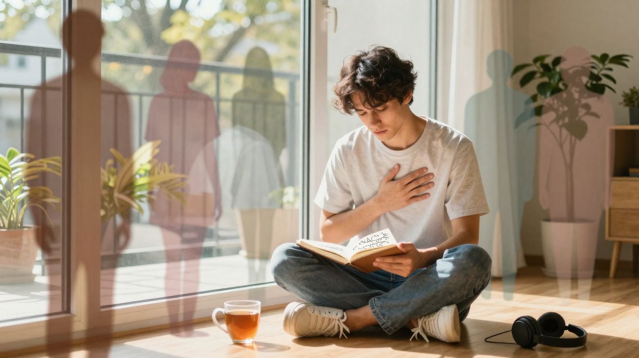 Jovem sentado no chão lê livro perto de chá, com figuras translúcidas femininas ao fundo numa varanda.