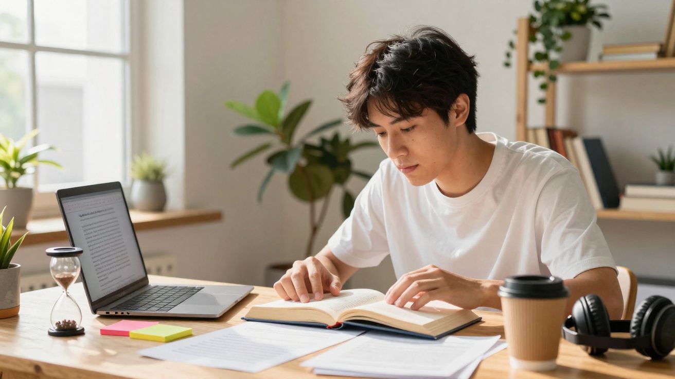 Jovem a estudar num espaço luminoso com livro aberto, portátil, café e materiais de estudo numa mesa organizada.