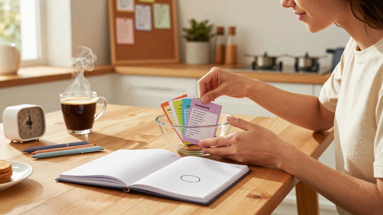 Pessoa a estudar com cartões de anotações coloridos, caderno aberto e chá numa cozinha iluminada.