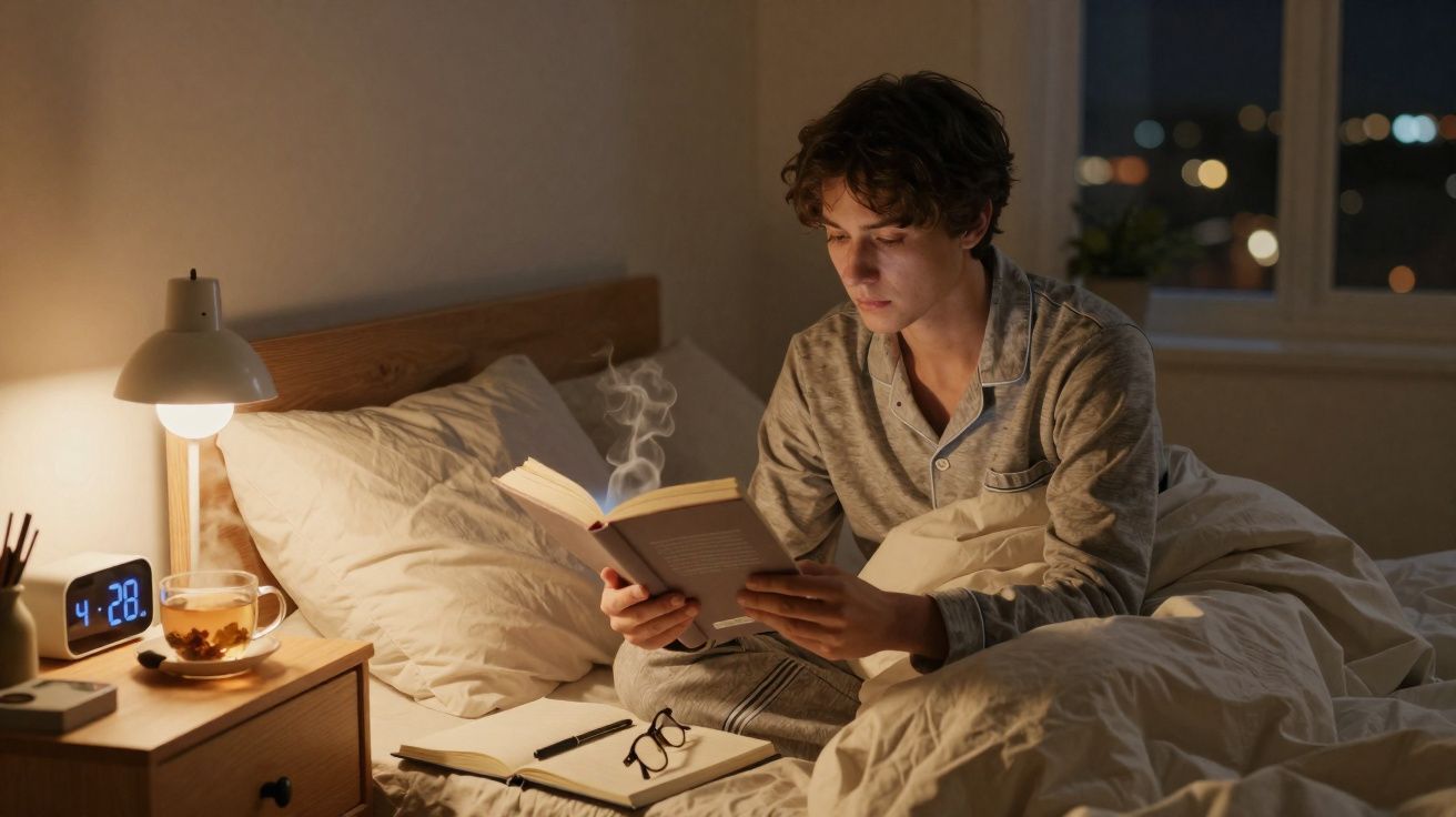 Jovem de pijama lê livro na cama à noite, com chá fumegante na mesa de cabeceira iluminada.