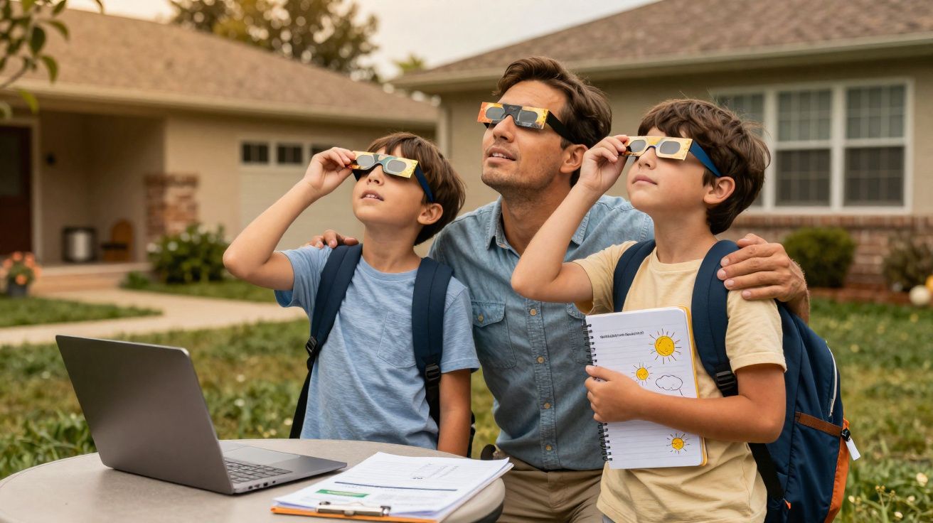 Pai e filhos observam eclipse solar com óculos protetores, ao ar livre, junto a mesa com laptop e cadernos.