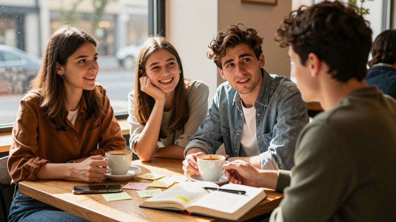 Quatro jovens sentados numa mesa de café, conversando e bebendo café numa tarde ensolarada.