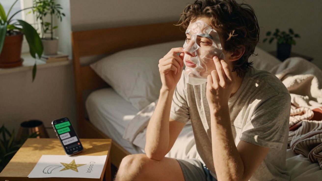 Pessoa jovem a aplicar máscara facial de tecido enquanto está sentada num quarto iluminado pelo sol.