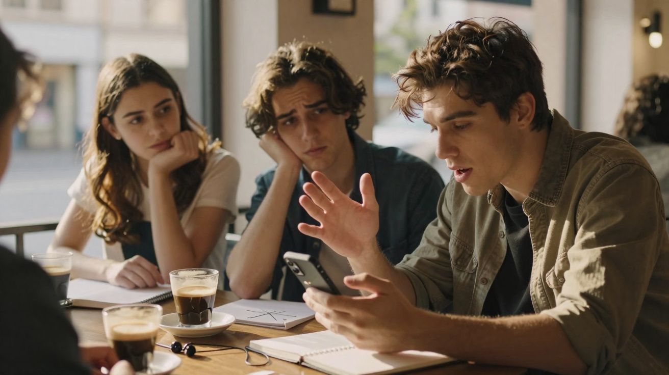 Grupo de jovens a discutir e analisar informação num café, com cadernos e café à mesa.