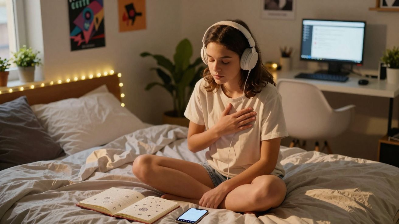 Jovem sentada na cama com auscultadores, a ouvir música e a colocar a mão no peito, rodeada de livros e tecnologia.