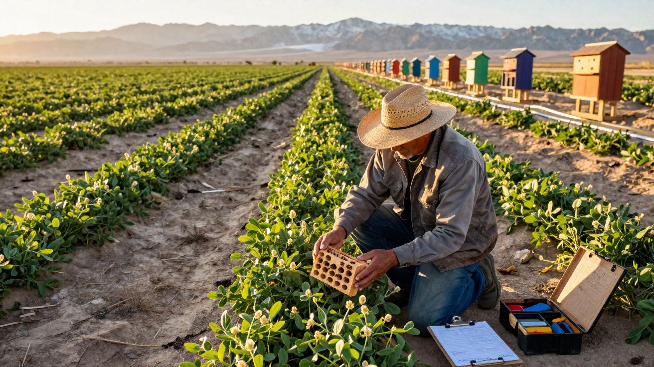 Agricultor com chapéu de palha a examinar colmeia num campo cultivado com montanhas ao fundo ao pôr do sol.