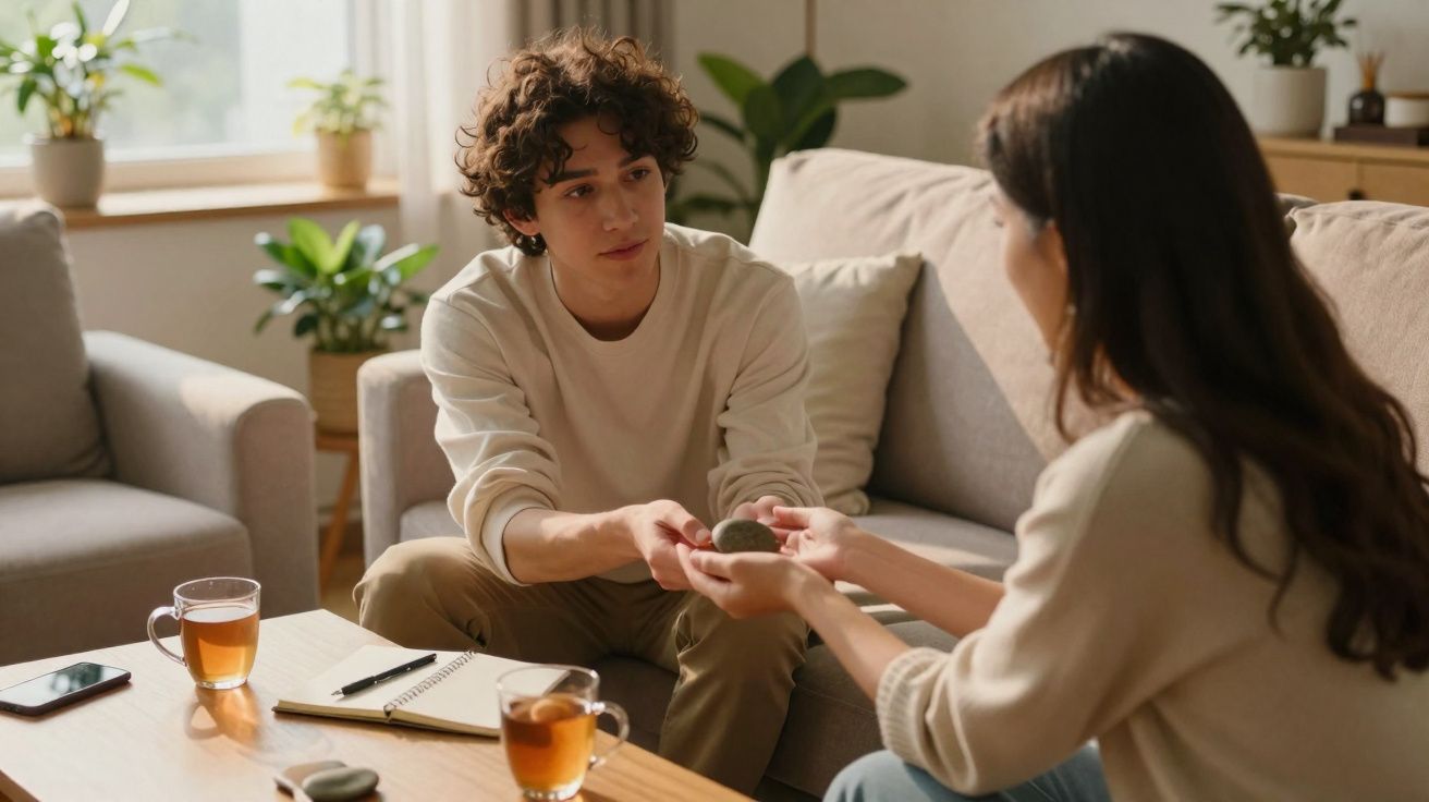 Jovem entrega pedra a mulher durante conversa num ambiente acolhedor com chá na mesa.