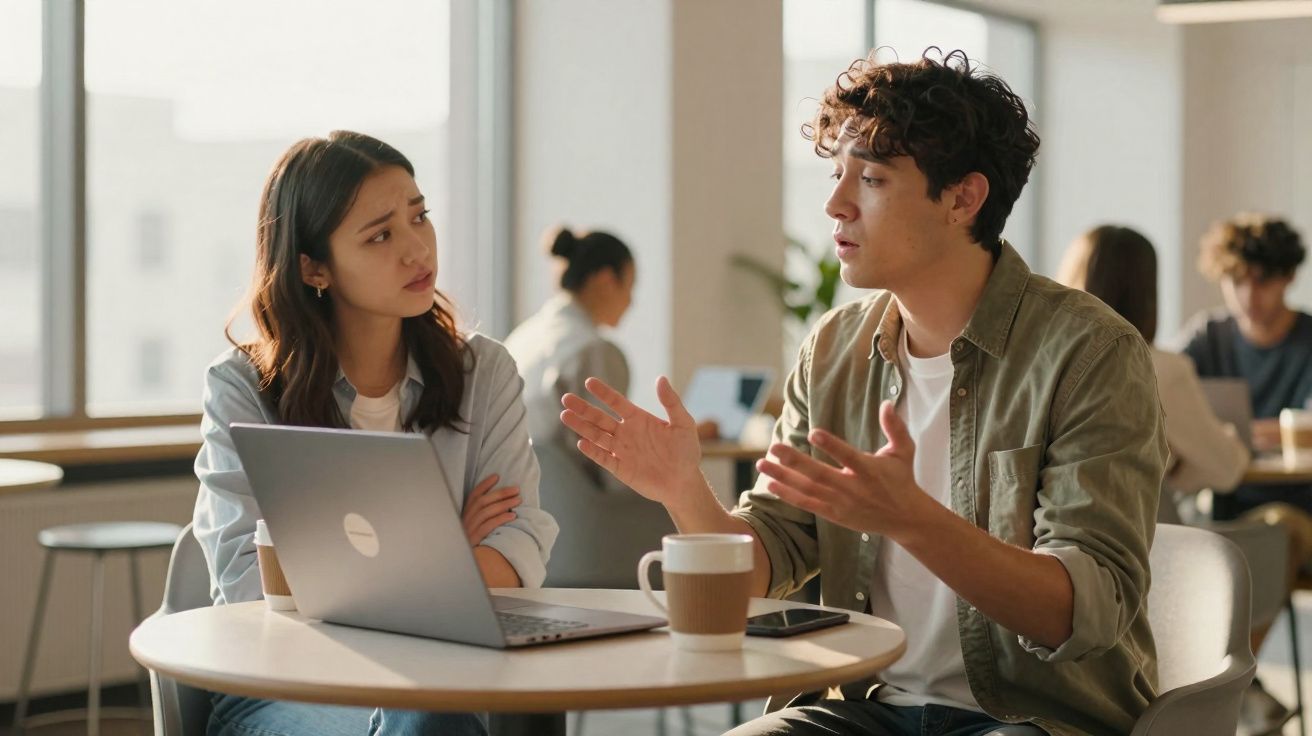 Homem e mulher sentados à mesa discutindo com computador portátil num café moderno e luminoso.