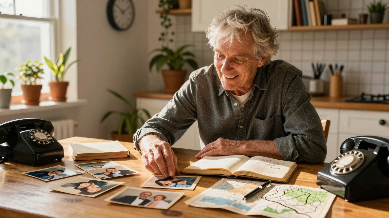 Homem idoso sorridente sentado numa mesa a organizar fotografias e mapas numa cozinha luminosa.