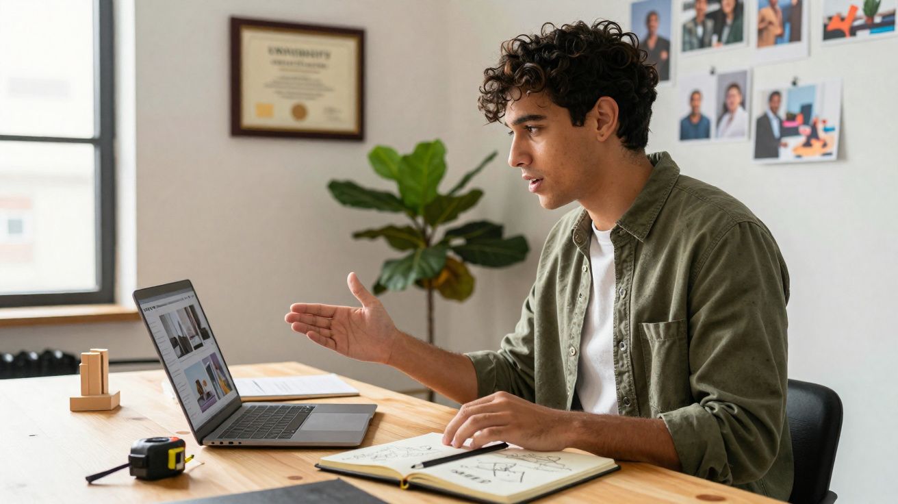 Homem jovem com camisa verde fala e gesticula diante de computador portátil numa mesa de trabalho.