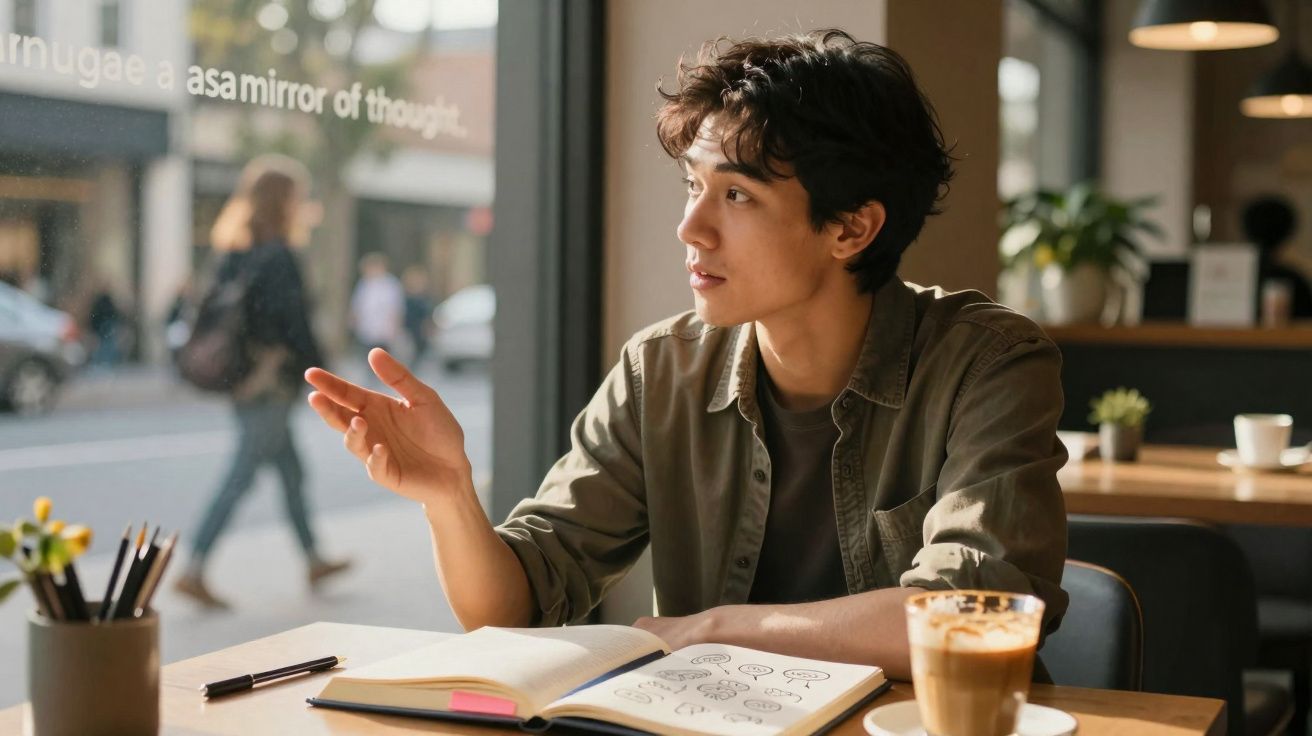 Jovem sentado numa cafetaria a falar, com caderno aberto e café numa mesa perto da janela.