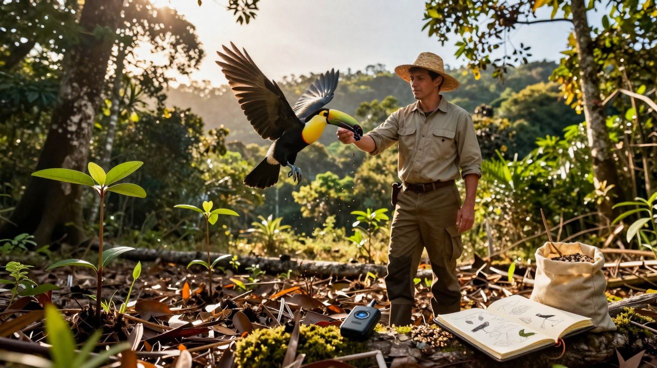 Homem alimenta tucano com floresta ao fundo e materiais de estudo de biodiversidade no chão.