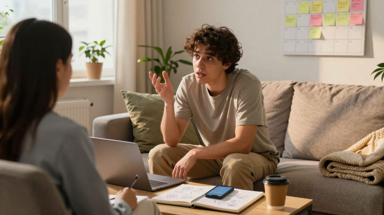 Jovem a conversar com colega sentados em sala, com laptop, caderno e café numa mesa à sua frente.