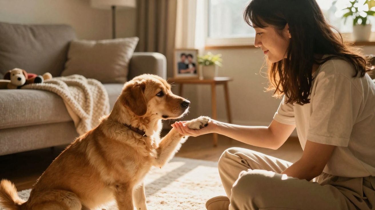 Mulher sentada no chão a dar a pata a um cão golden retriever numa sala acolhedora e iluminada.