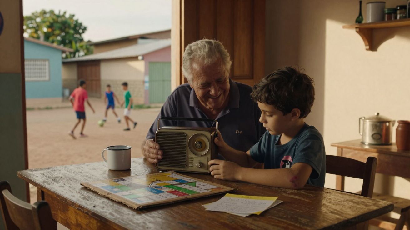 Idoso e menino sentados à mesa com rádio antigo e jogo de tabuleiro, enquanto crianças jogam futebol ao fundo.