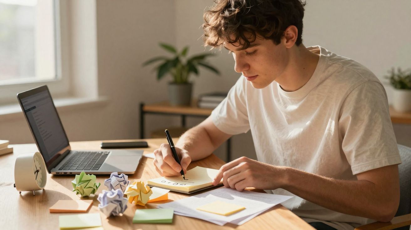 Jovem a estudar num ambiente luminoso, a escrever num bloco de notas com laptop e documentos sobre a mesa.