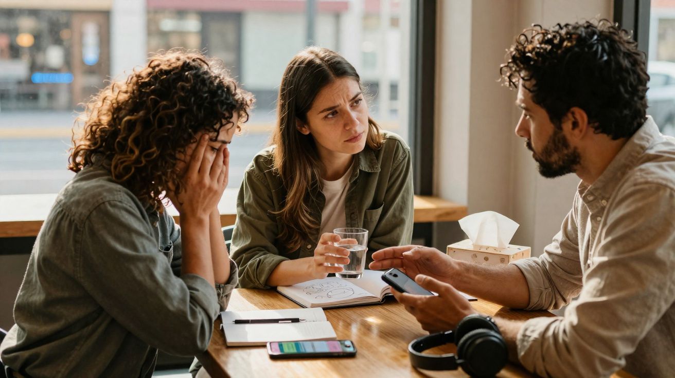 Três adultos sentados à mesa, com uma mulher visivelmente angustiada e outra a ouvir atentamente um homem a falar.