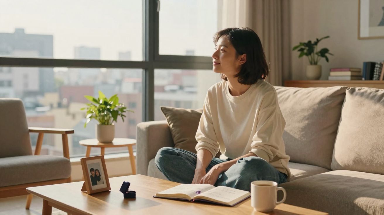 Mulher sentada no sofá a olhar pela janela, com livro aberto e chávena numa mesa de café.