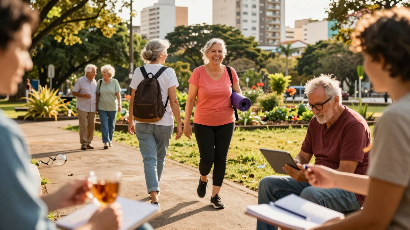 Pessoas idosas a caminhar e sentar num parque urbano ensolarado com árvores e edifícios ao fundo.