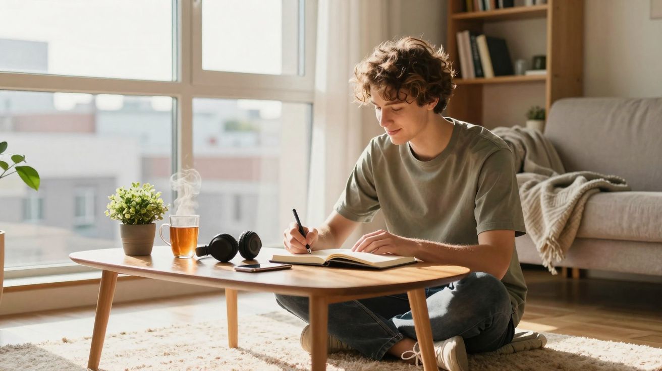 Jovem sentado ao chão escreve num caderno numa sala iluminada com janela grande e mesa baixa com chá e auriculares.