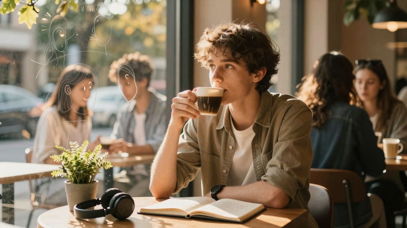 Jovem a beber café e ler num livro numa esplanada luminosa com outras pessoas ao fundo.