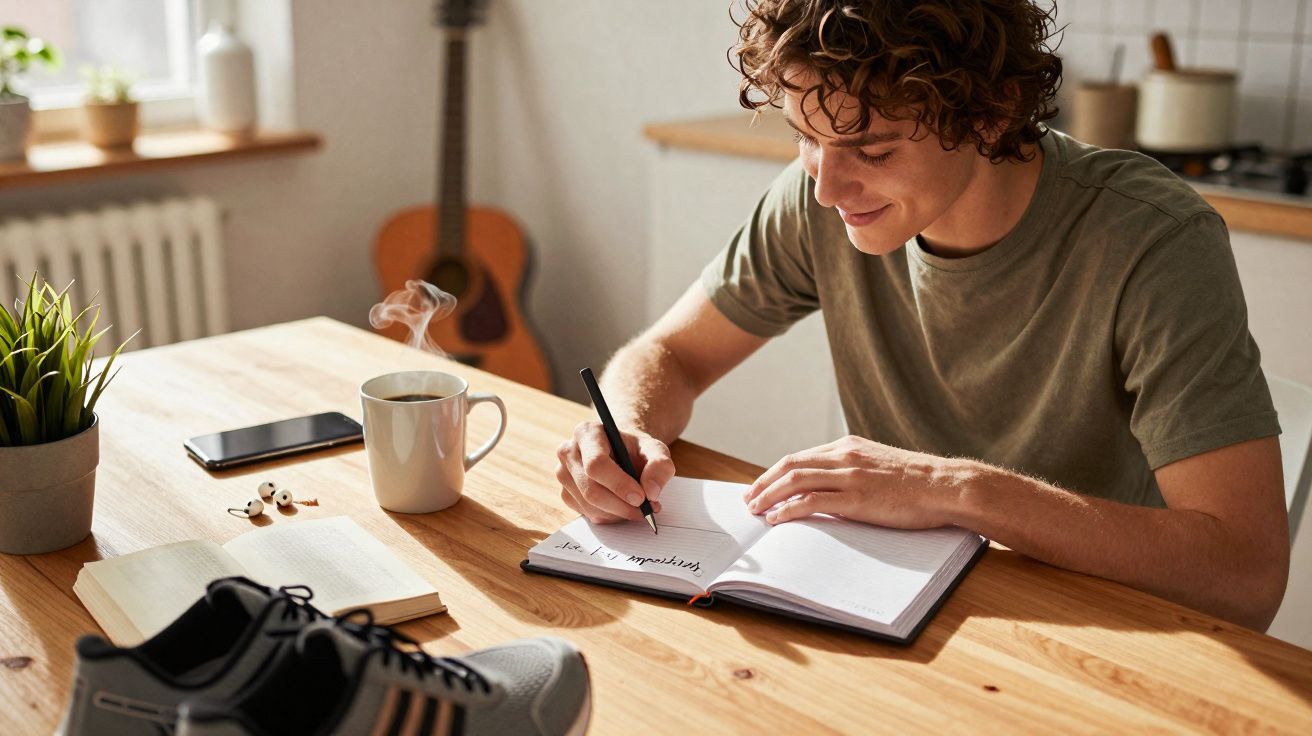 Jovem sentado a escrever num caderno numa mesa com chá, auscultadores, telemóvel e sapatos desportivos.