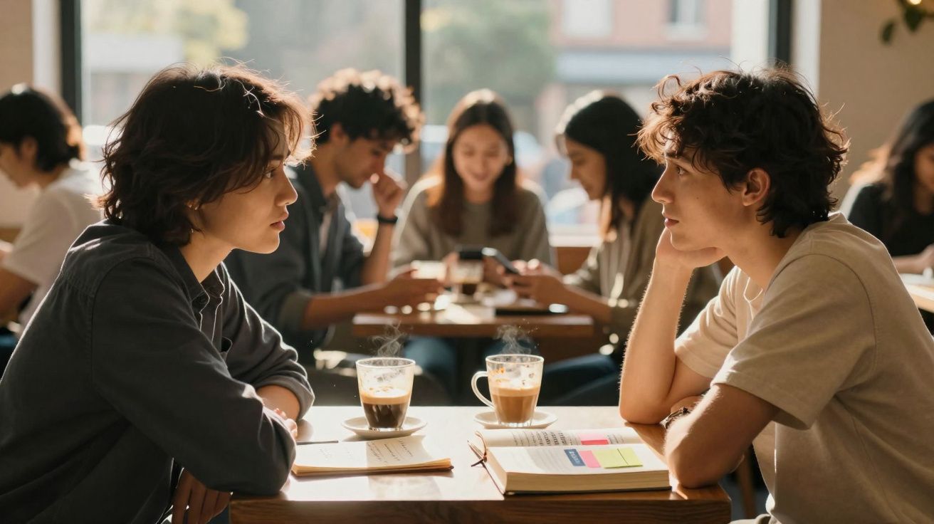Duas pessoas sentadas em café, conversando com cadernos e cafés numa mesa, outras pessoas ao fundo.