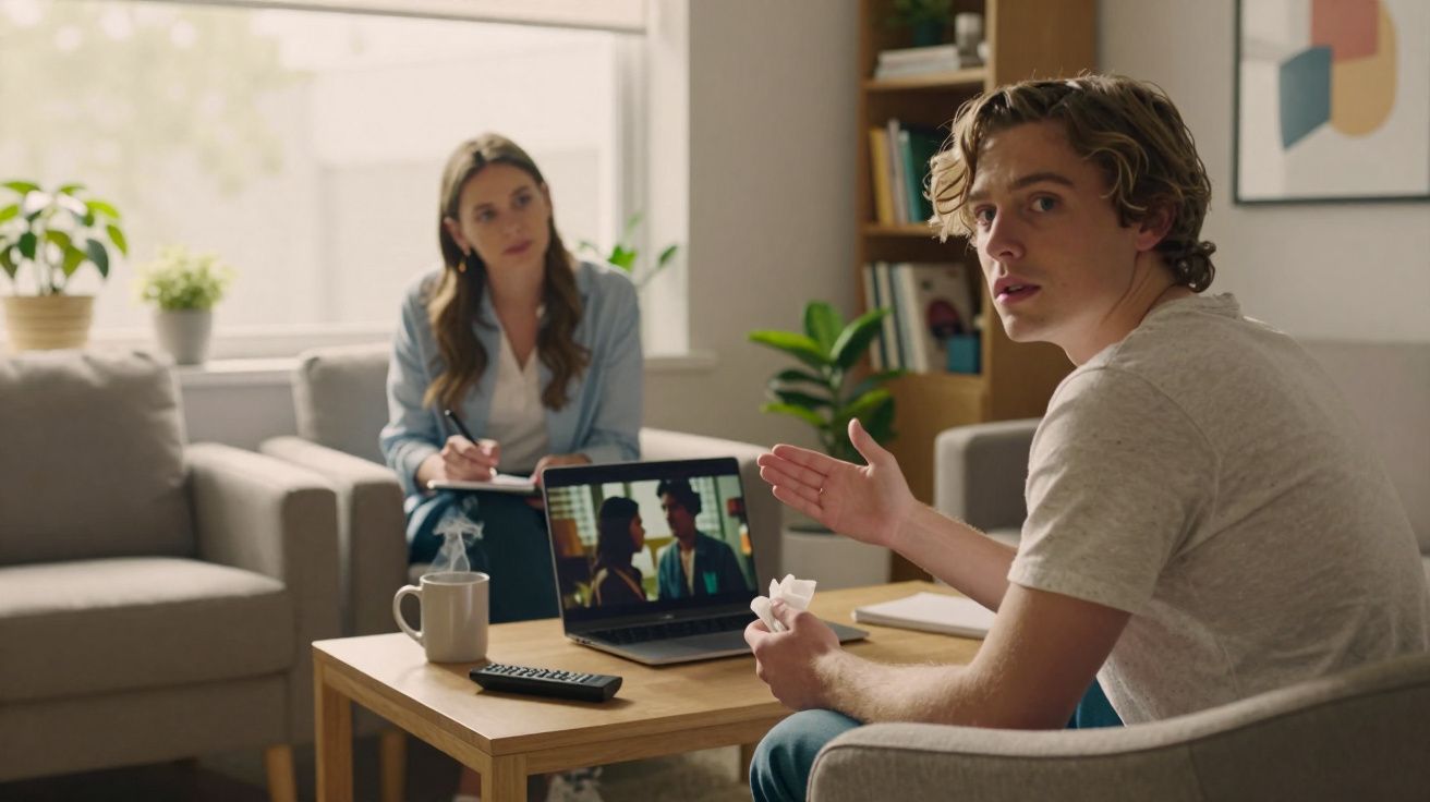 Homem a conversar com mulher num consultório, segurando lenço, computador aberto com filme na mesa.