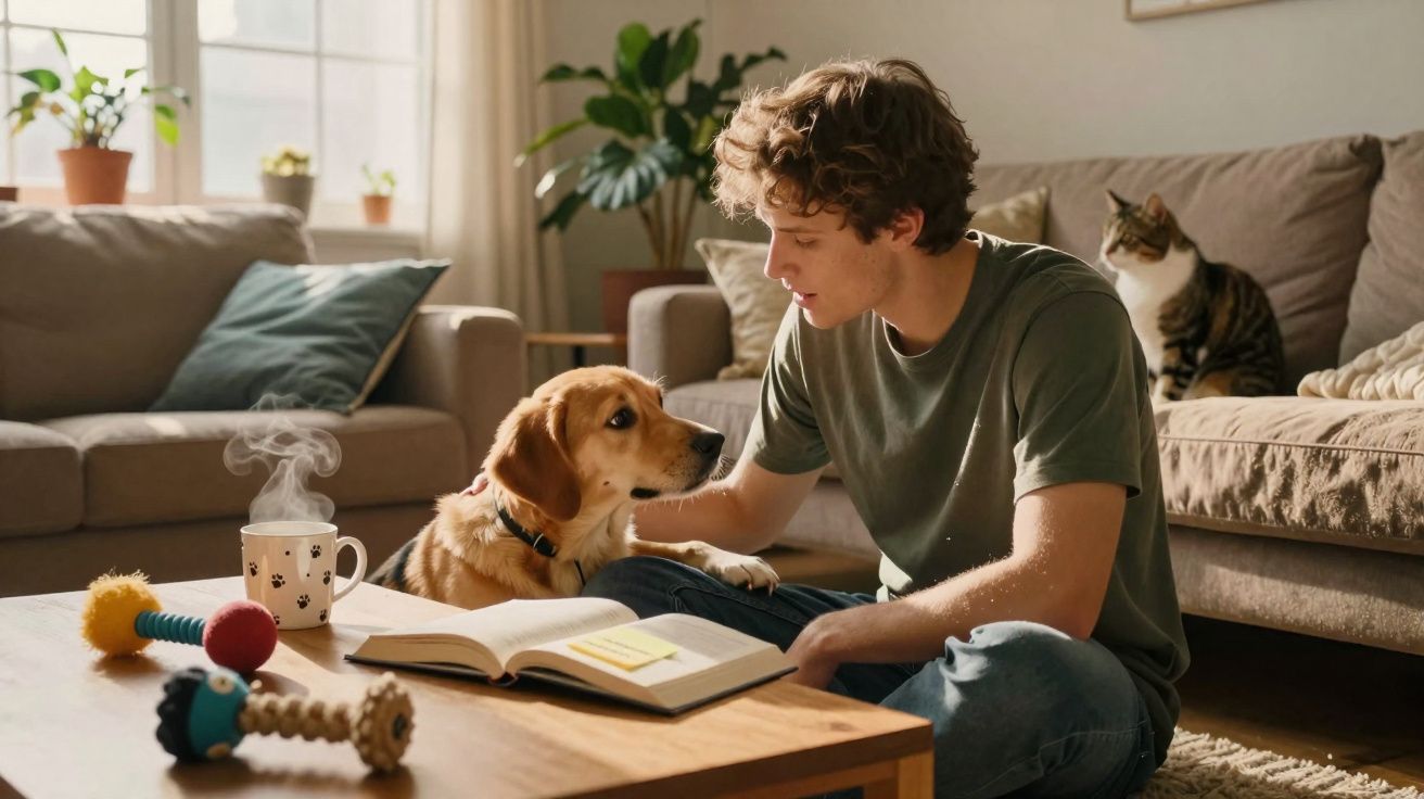 Rapaz sentado no chão a interagir com cão Labrador, com gato no sofá, em sala de estar iluminada.