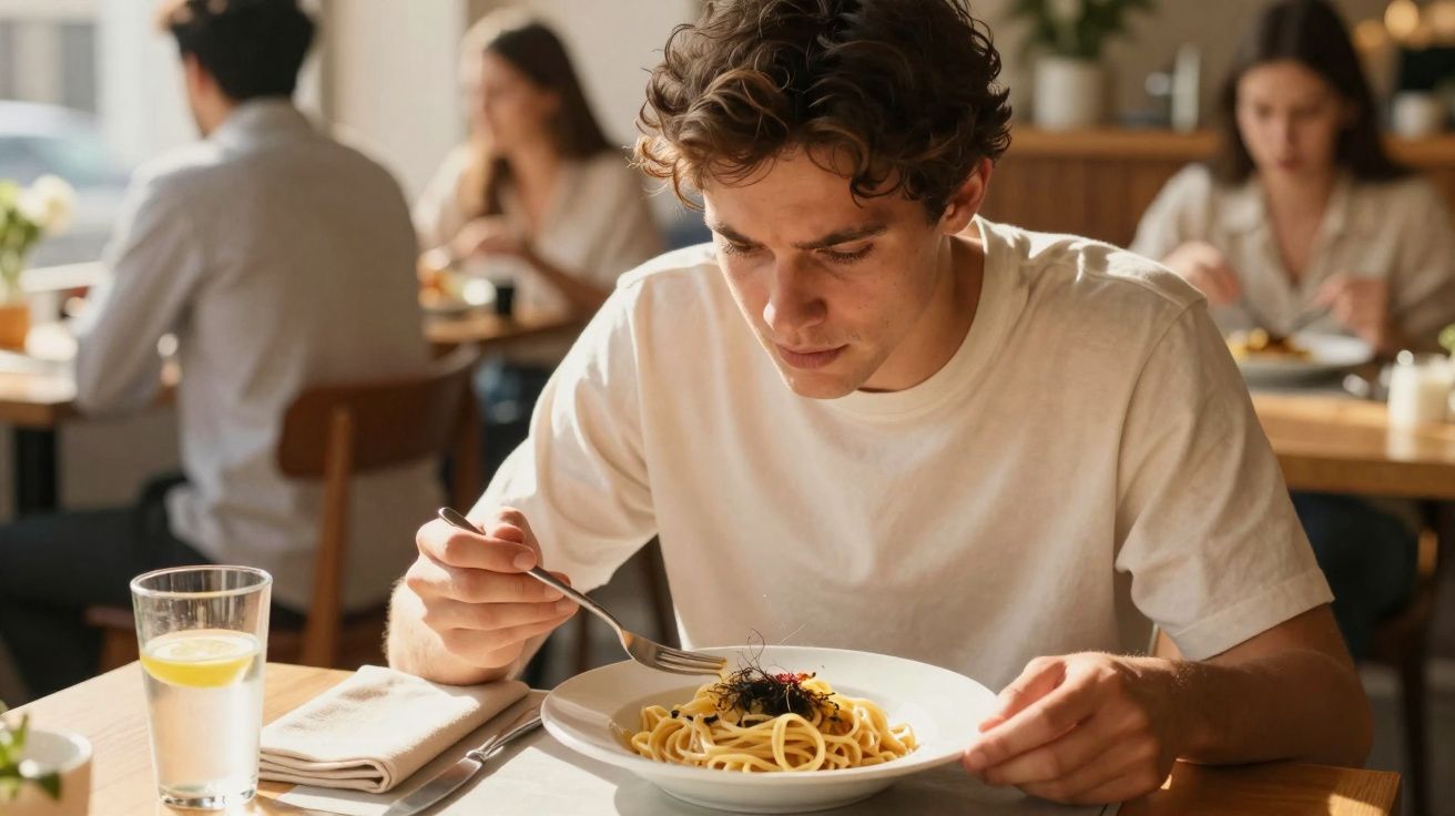 Homem jovem com camisa branca a comer massa num restaurante bem iluminado.