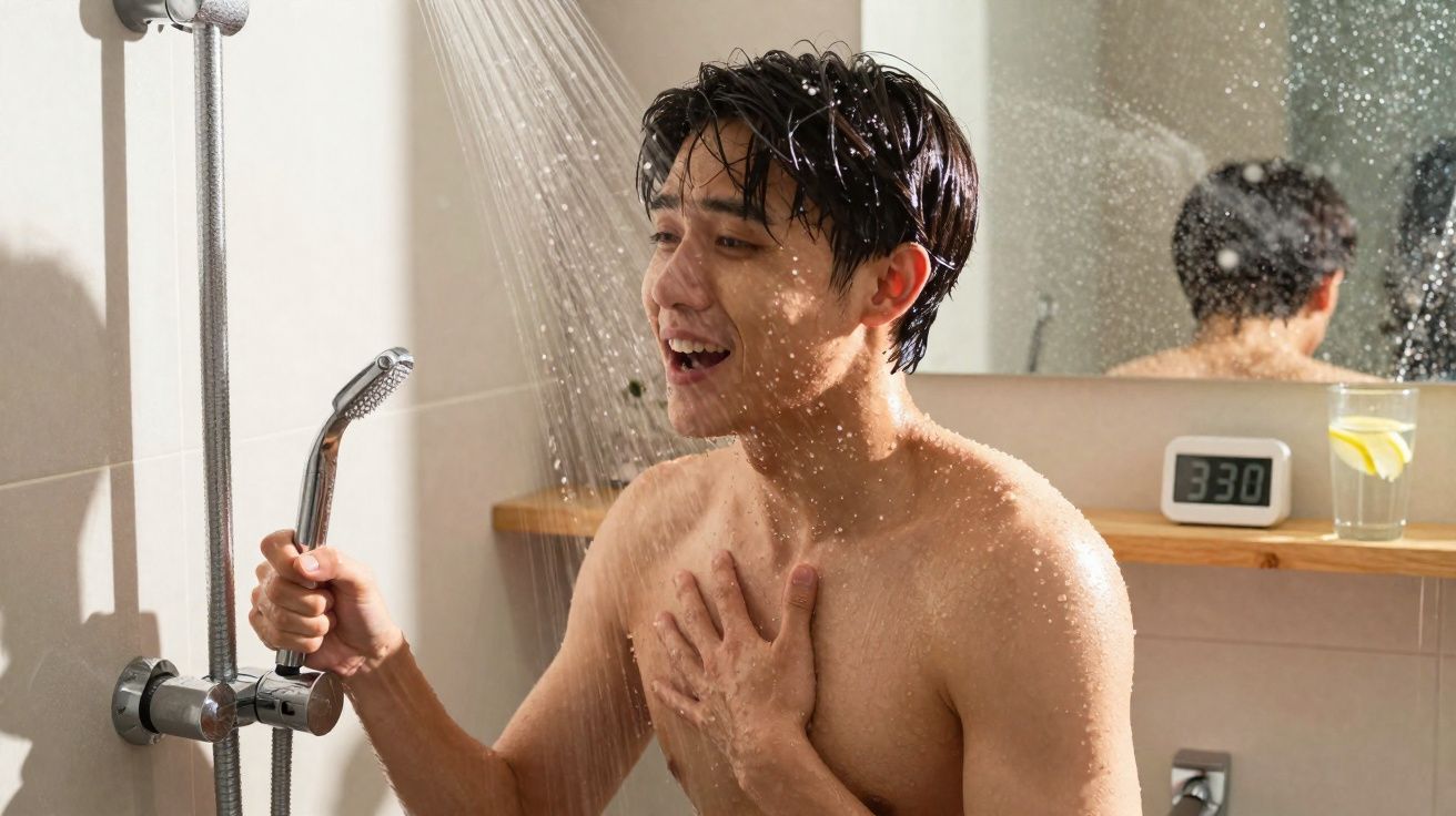 Homem sorridente a tomar banho de chuveiro com água a cair sobre ele numa casa de banho moderna.