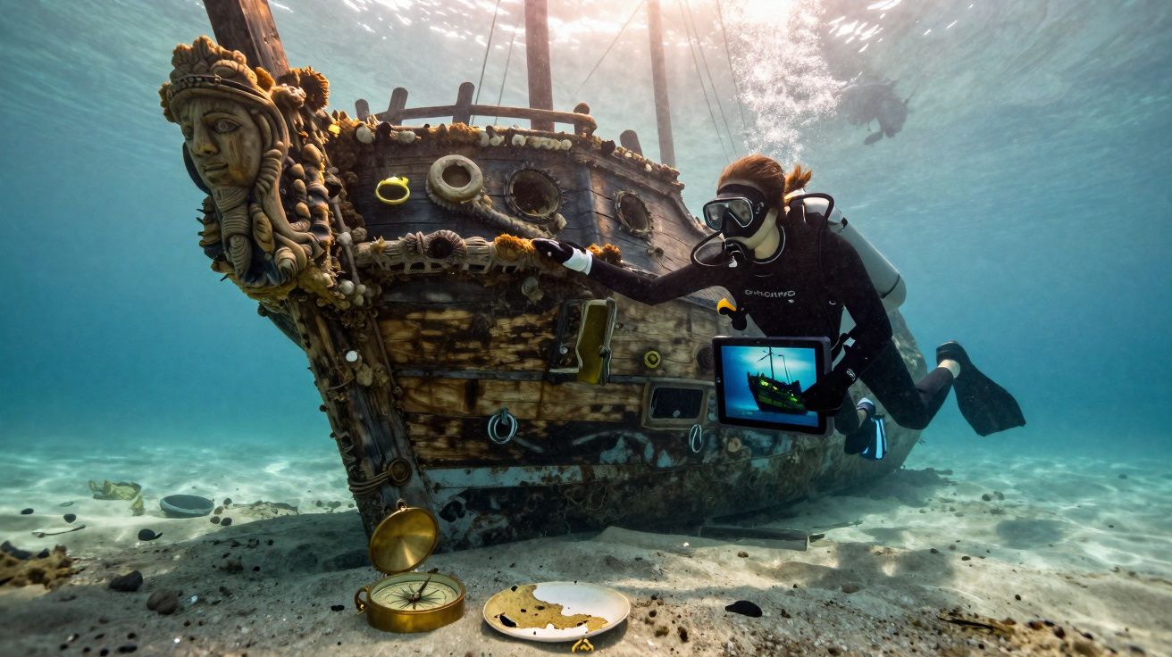 Mergulhadora investiga naufrágio de um navio antigo no fundo do mar com bússola e tablet.