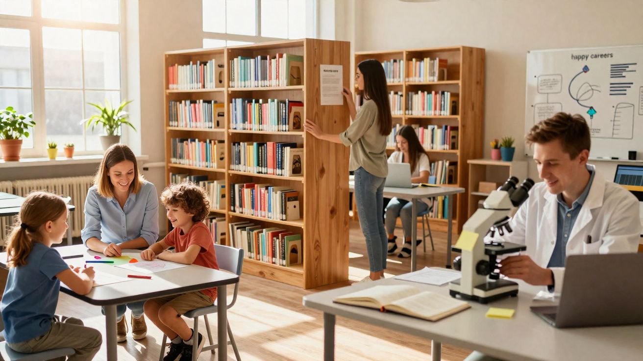 Biblioteca luminosa com crianças, um professor e um estudante a usar microscópio e a estudar.
