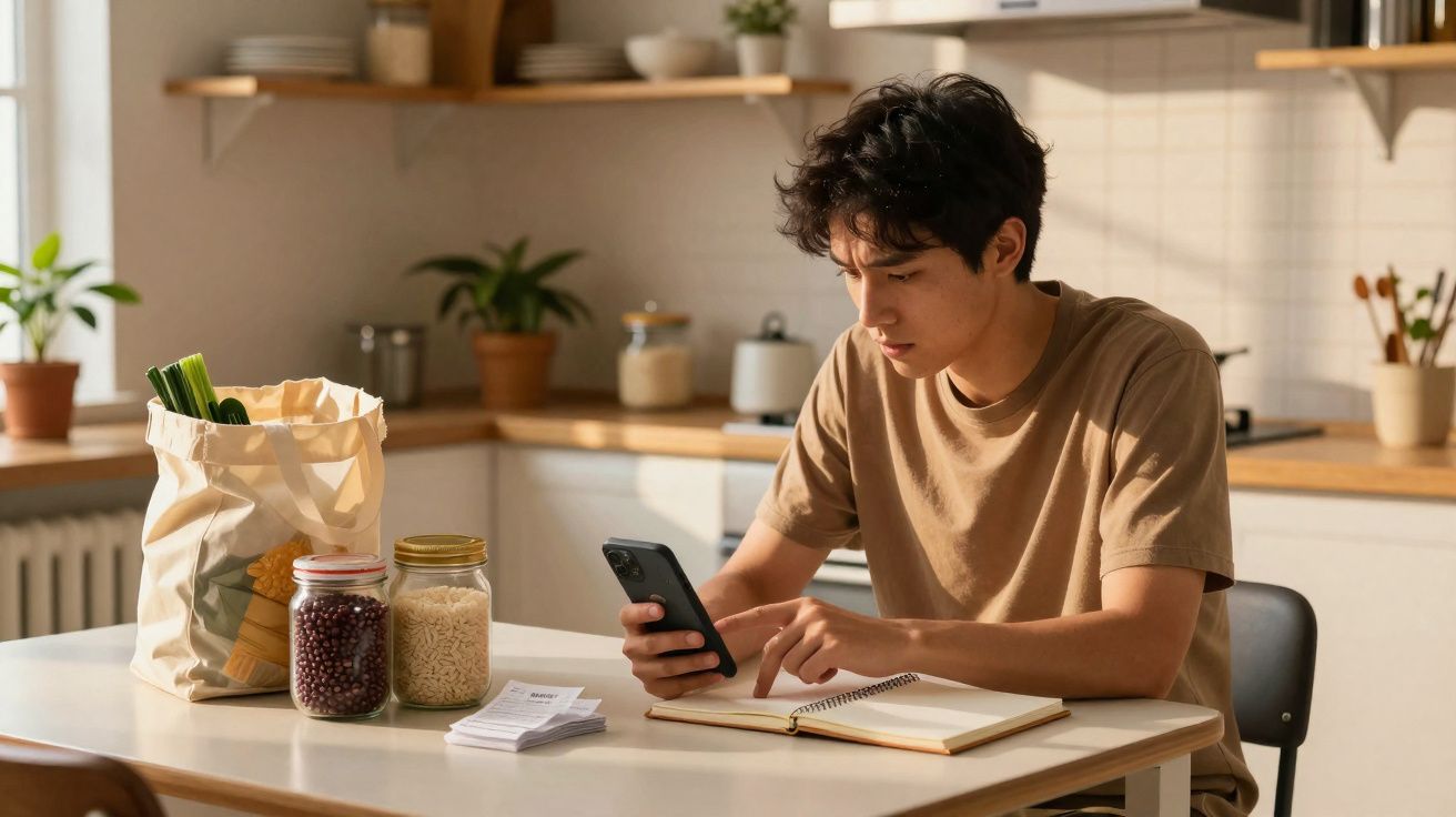 Jovem sentado à mesa da cozinha a usar telemóvel com caderno aberto e mantimentos ao lado.