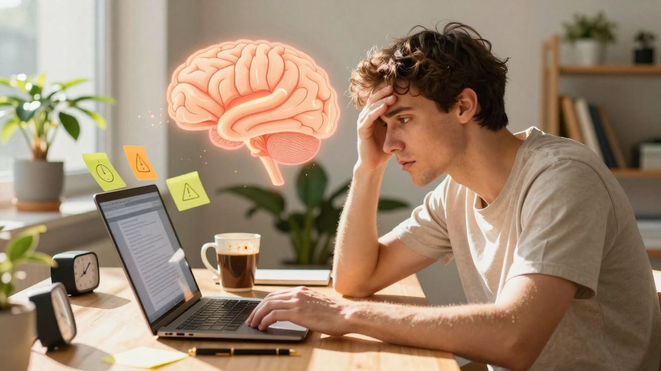 Homem concentrado e preocupado a trabalhar no portátil com ilustração de cérebro sobreposto.