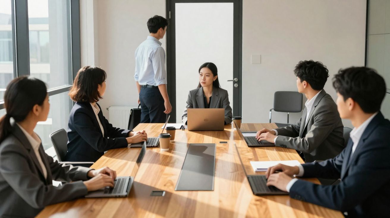 Reunião de negócios com cinco pessoas em volta da mesa e uma a sair pela porta, usando computadores portáteis.