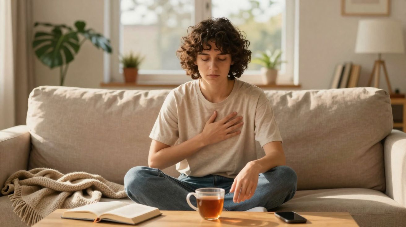 Pessoa sentada no sofá, meditando com uma mão no peito, chá, livro e telemóvel à frente.