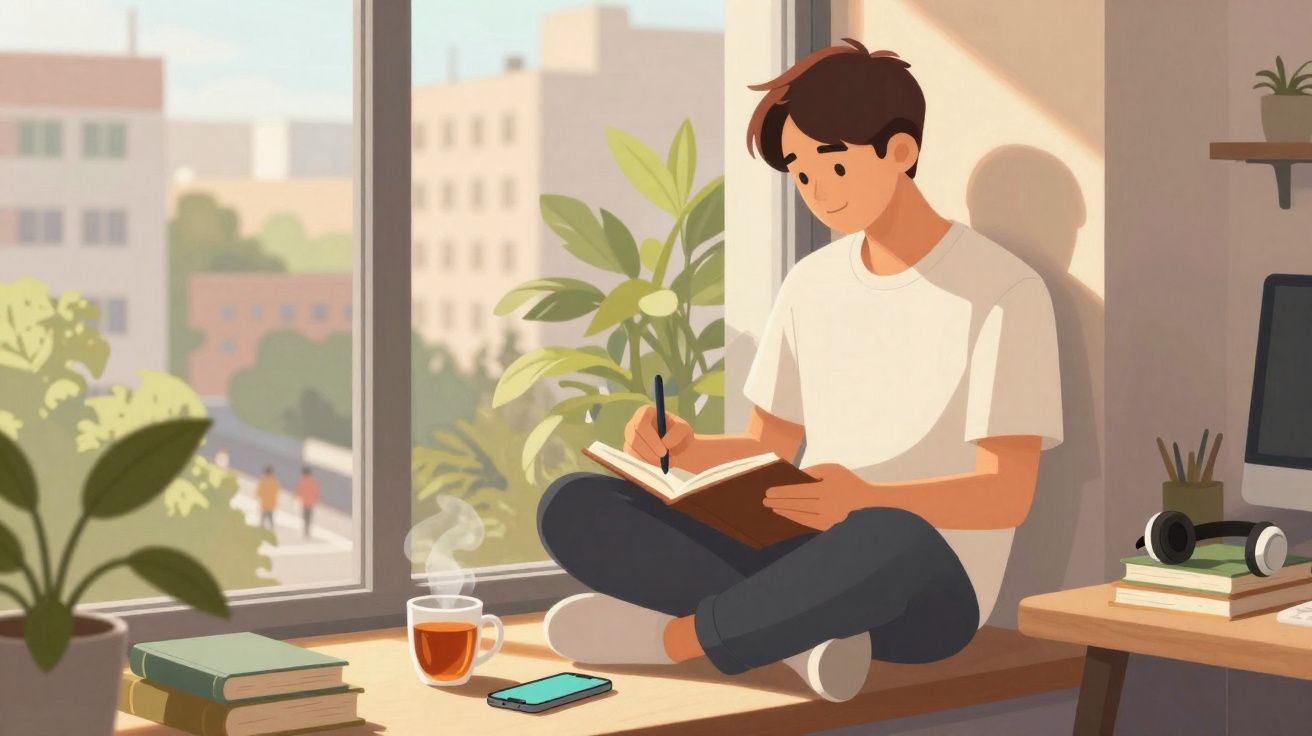 Jovem sentado numa janela a escrever num caderno, com chá, livros e telefone à sua frente.