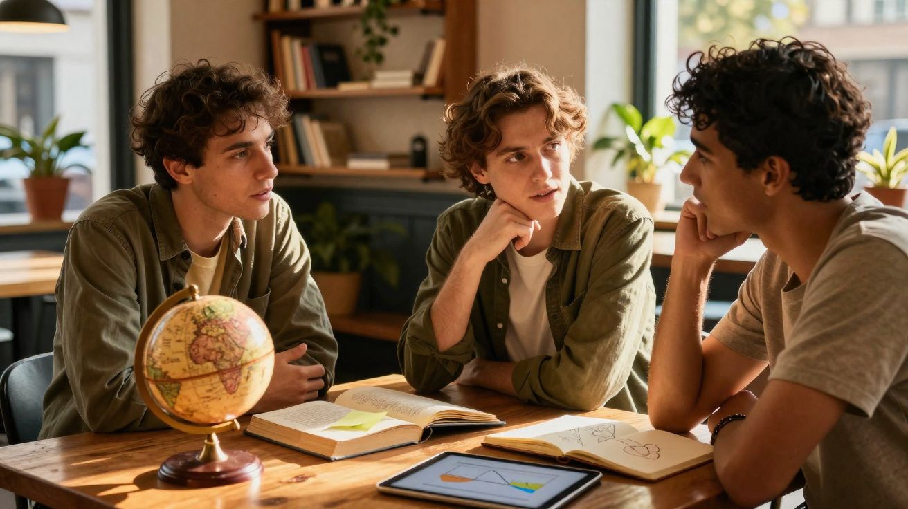 Três jovens sentados à mesa a discutir, com livros, tablet e globo terrestre numa sala iluminada.
