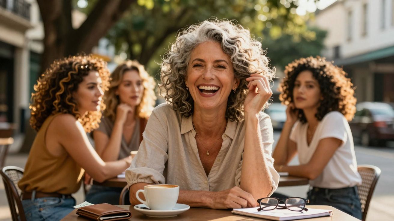 Mulher madura sorridente sentada numa esplanada com três amigas ao fundo, numa tarde ensolarada.