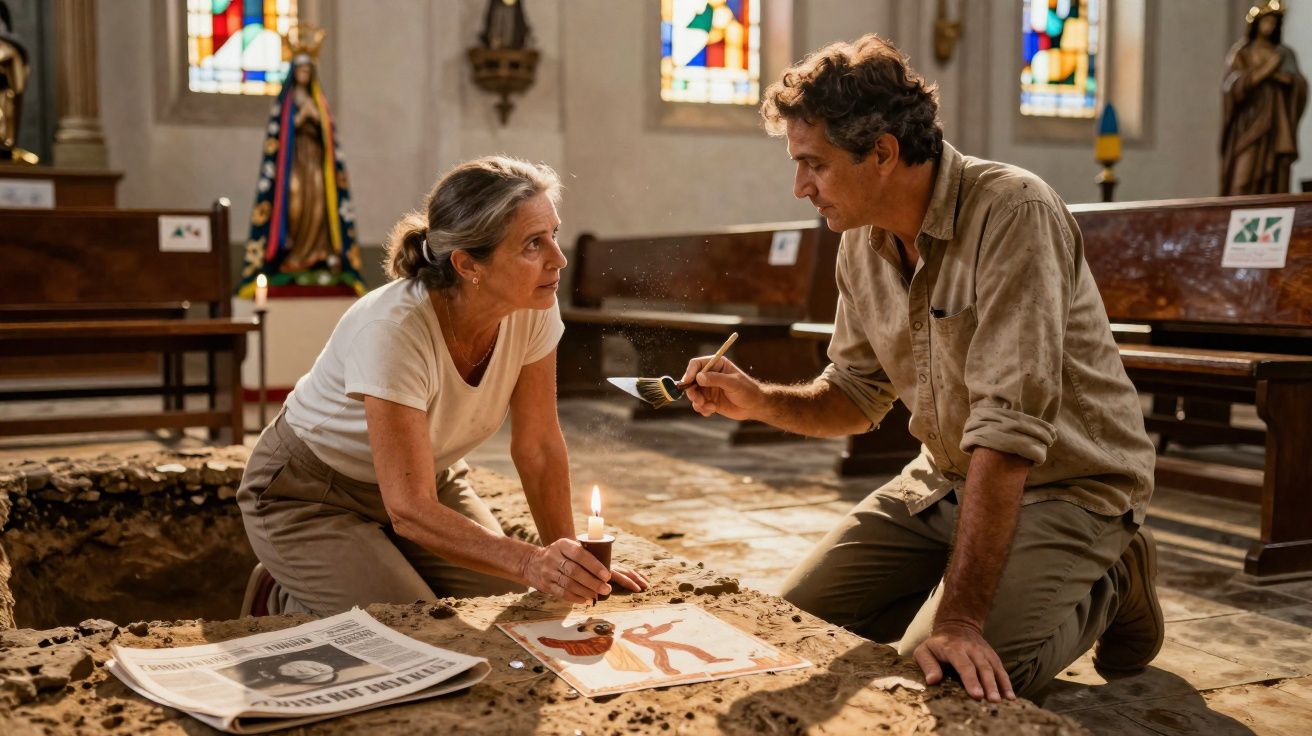 Duas pessoas analisam pinturas antigas num local arqueológico dentro de uma igreja com bancos e vitrais ao fundo.